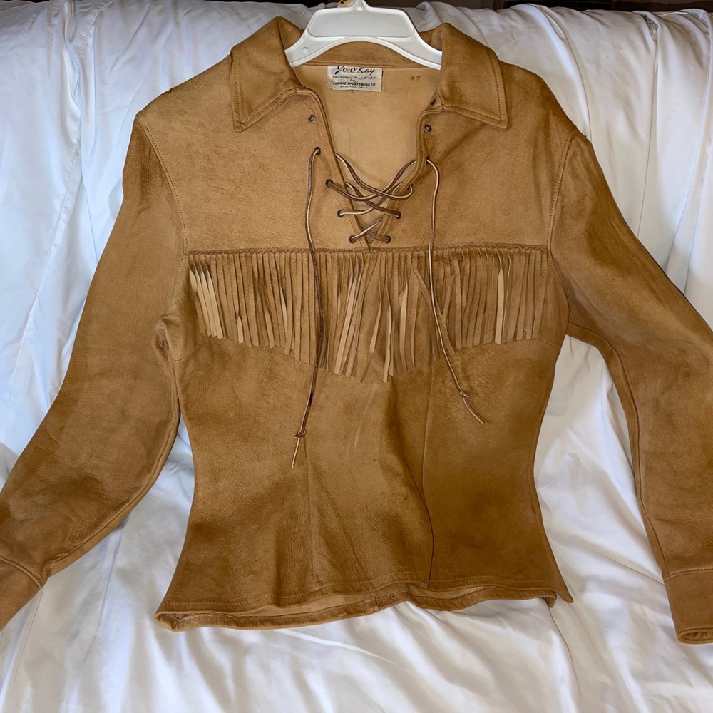 Vintage Deerskin Camel Color Leather Shirt Jo-o-Kay Corral USA Pullover Fringed